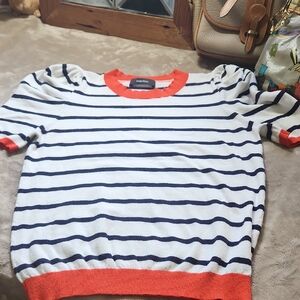 Black and Coral Striped, Short Sleeve, Crewneck Sweater